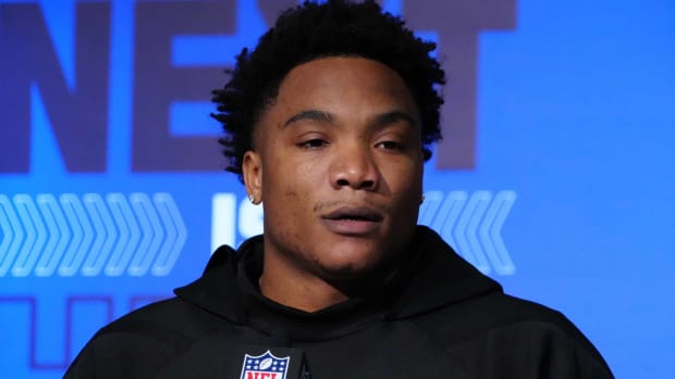 D'Eriq King speaks to media at the combine.